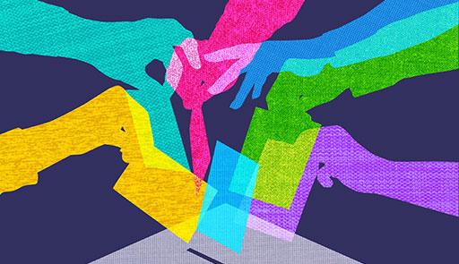 Elezioni Mani virtuali colorate che inseriscono una scheda in una urna elettorale