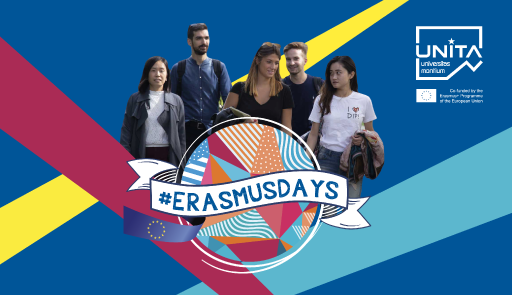 Immagine di studenti su sfondo colorato con logo Unita e Erasmus Days
