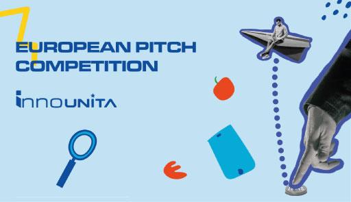 Illustrazione di un ragazzo su un aeroplano di carta su sfondo azzurro con titolo "European Pitch competition' 