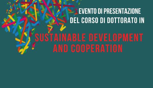 Presentazione del Dottorato in Sostenibilità e Cooperazione "Sustnet" titolo dell'evento su sfondo colorato