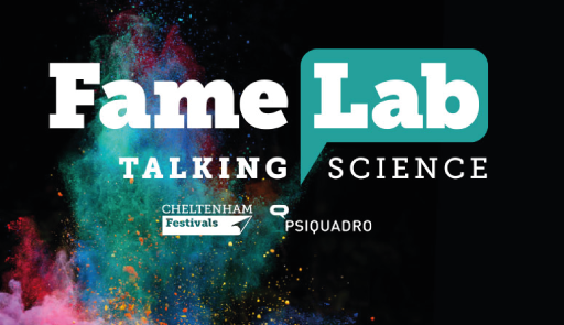 Esplosione di colori su sfondo nero con scritta FameLab
