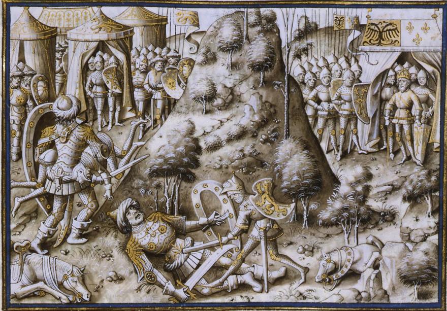 Cronicques et conquestes de Charlemaine de David Aubert. Bruxelles, Bibliothèque Royale, ms. 9066, f. 227v foto di un bassorilievo