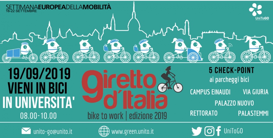 Grafica della campagna promozionale Giretto d'Italia, con buffi personaggi stilizzati che vanno in bicicletta