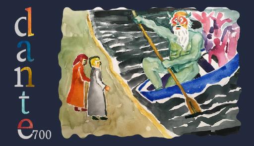 immagine stilizzata di due figure, Dante e Virgilio di fronte alla barca di Caronte