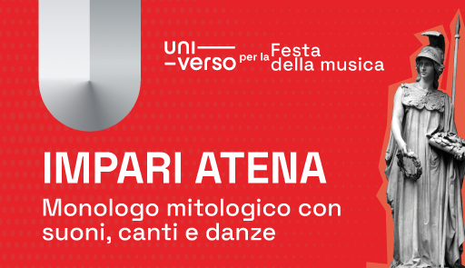 Impari Atena Grafica su sfondo rosso con scritte bianche e immagine di Atena