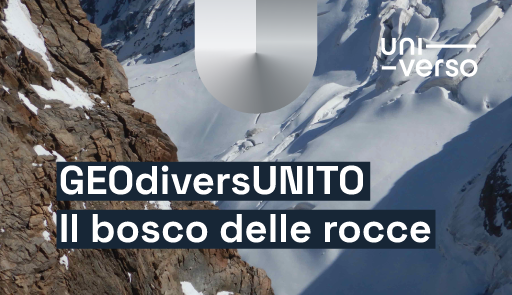 Fotografia di un ghiacciaio in montagna con titolo dell'evento 'GeodiversUniTo'