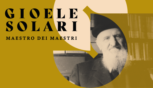 grafica su sfondo ocra raffigurante immagine in bianco e nero di gioele solari