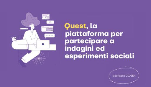 Su sfondo viola un'immagine grafica di una persona seduta con un portatile davananti