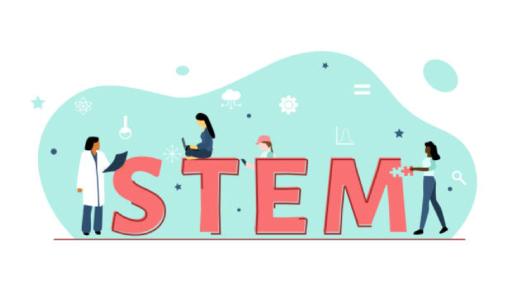 Grafica con scritta stem e illustrazioni di donne