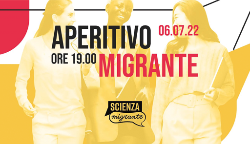 Aperitivo Migrante Illustrazione sui toni del giallo con tre donne e scritte rosse e nere