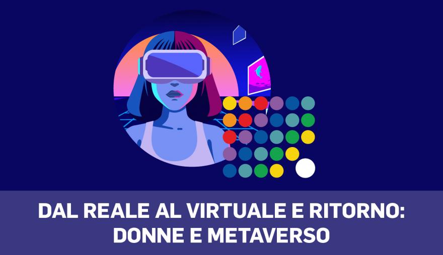 titolo dell'evento su fondo colorato con immagine di una donna con visore di realtà virtuale
