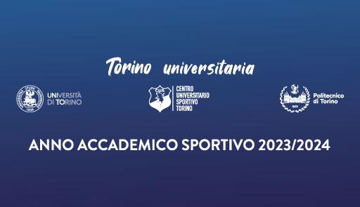 Scritta Torino universitaria con loghi di UniTo, Polito e CUS su sfondo blu sfumato