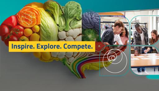 EIT Food presenta il percorso: Inspire. Explore. Compete. Titolo dell'avviso, sullo sfondo del cibo e degli studenti