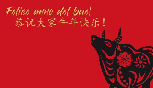 Felice Anno del Bue! bue stilizzato e scritta in cinese