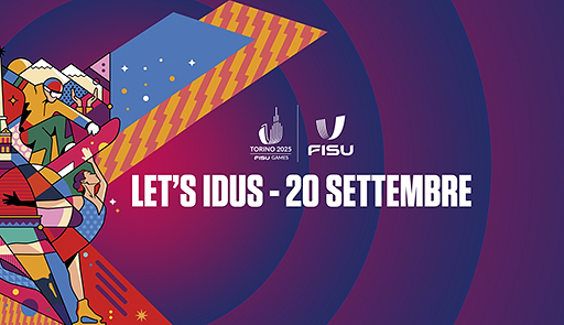 LET'S IDUS - Festa di chiusura della Giornata Mondiale dello Sport Universitario Titolo dell'evento, sullo sfondo colorato alcune figure stilizzate di sportivi in varie discipline