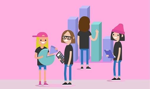 Matematica + Economia = un gioco da ragazze immagini fumetto di studentesse su sfondo colorato
