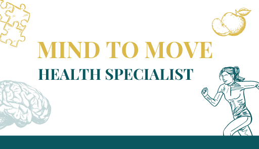 Scritta 'Mind To Move Health Specialist' con illustrazioni di un'atleta, un cervello, una mela, un puzzle