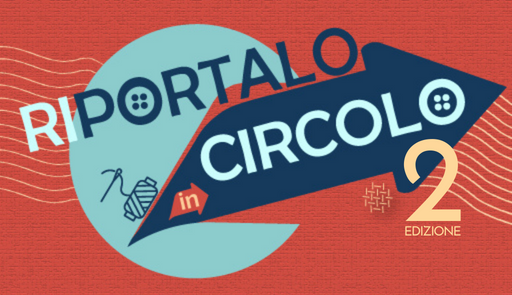 Grafica con cerchi che rimandano all'idea del riciclo e icone di oggetti usati su sono rosso