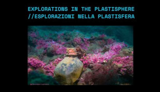 titolo dell'evento su sfondo nero con fotografia di un fondale marino con un contenitore di plastica