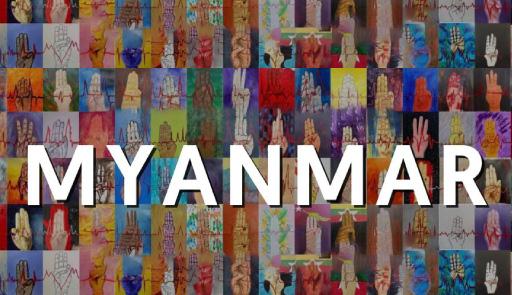 Scritta MYANMAR e sullo sfondo tante mani colorate nel gesto delle tre dita