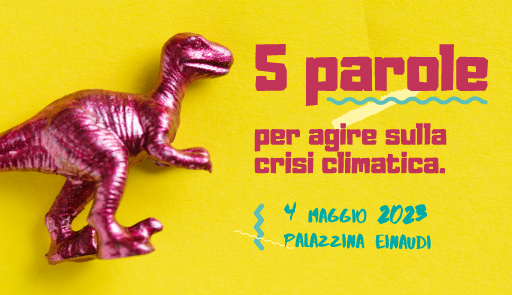 dinosauro metallizzato su sfondo colorato e titolo dell'evento