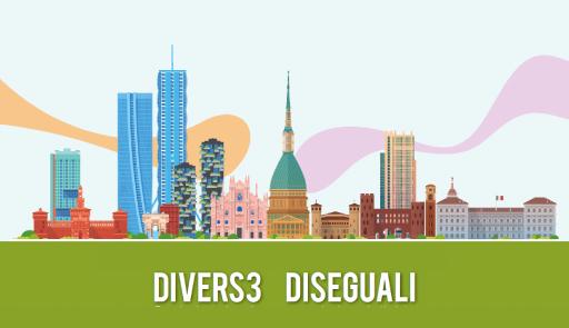 World Anthropology Day 2024 - Divers3 Diseguali: quel che ci unisce e quel che ci divide Skyline di una citta fumetto e titolo dell'evento