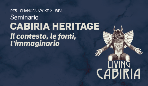 Cabiria Heritage - Il contesto, le fonti, l'immaginario statua divinità antica e titolo dell'evento su sfondo scuro