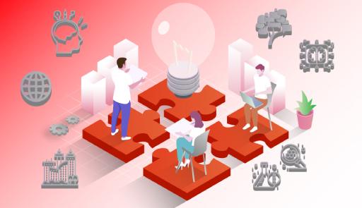 Conferenza di avvio dei "Cantieri d’Innovazione" Versione fumetto di quattro parti di un puzzle, con sopra alcune figure umane al lavoro, vicine a ricomporsi