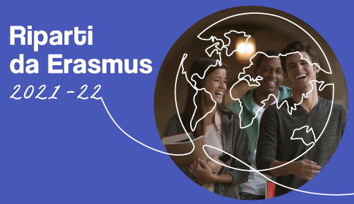 Erasmus per studio a.a. 2021-2022 Foto di due ragazzi sorridenti. Sui loro volti, disegnata, la cartina del mondo