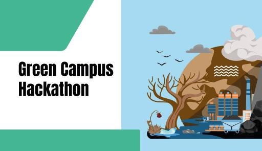 Green Campus Hackathon Titolo dell'avviso su sfondo colorato che rappresenta un albero spoglio, un fiore appassito, una ciminiera di una fabbrica di carbone