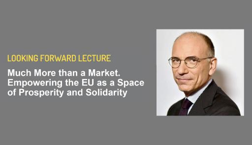 Looking Forward Lecture con Enrico Letta Titolo dell'evento su sfondo colorato, foto di Enrico Letta