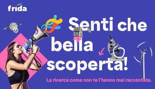 Giovane donna che parla con un megafono, sfondo colorato e scritta: senti che bella scoperta!