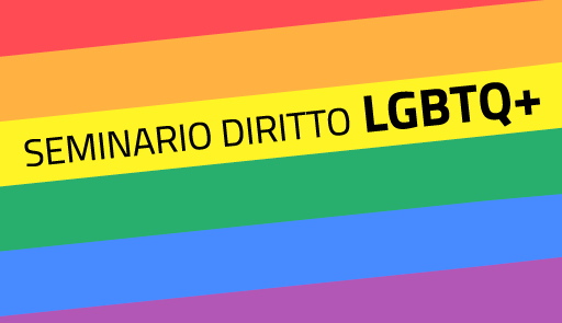 bandiera arcobaleno con scritta "seminario lgbt+"