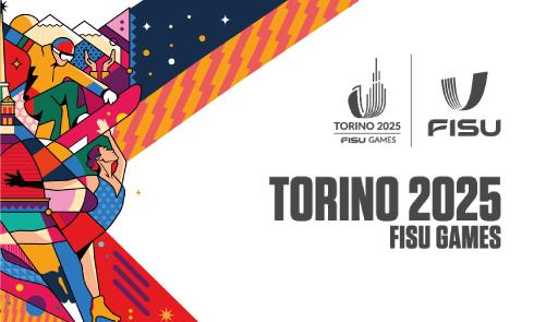 Titolo dell'evento su sfondo colorato, figure stilizzate di atleti e atlete