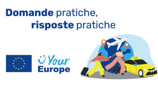 Your Europe - Per studiare, viaggiare, vivere e lavorare in altri paesi europei Due ragazzi con il trolley, stanno per salire su un taxi, nel cielo un aereo prende il volo - Stile fumetto