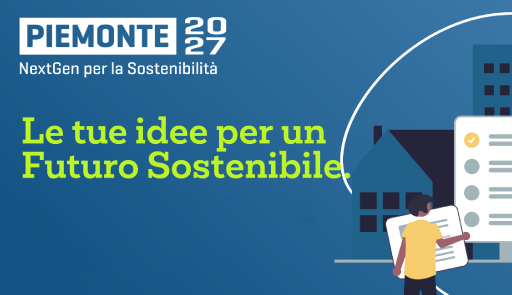Grafica ragazzo con tablet ed edifici sullo sfondo con scritta 'Le tue idee per un futuro sostenibile'