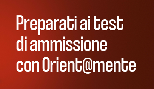 Scritta PREPARATI AI TEST CON ORIENTAMENTO su sfondo rosso scuro