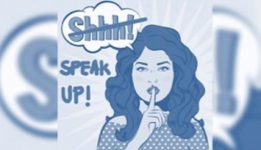 Volto di donna fumetto condito sulle labbra chiuse e scritta barrata "Shhh" e "Speack up!"