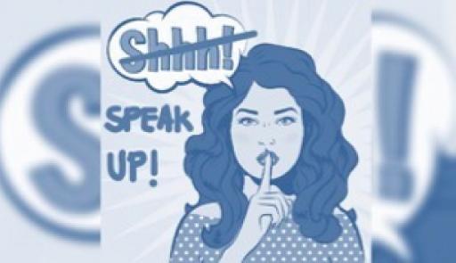 PUSH-in Academia – Prevention (follows) Understanding of Sexual Harassment in Academia Volto di donna fumetto condito sulle labbra chiuse e scritta barrata "Shhh" e "Speack up!"
