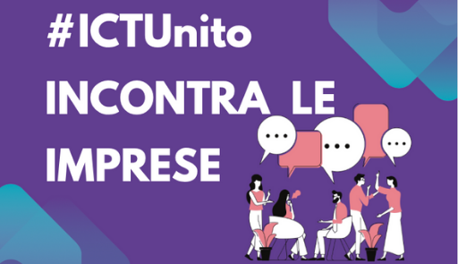 ICT incontra le imprese Grafica su sfondo viola con cinque soggetti illustrati che parlano tra di loro