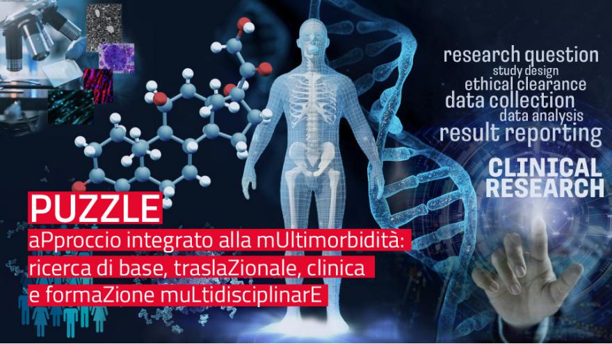Puzzle, approccio integrato alla multiborbidità. Sullo sfondo immagini di genoma e un corpo umano.