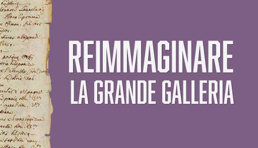 Scritta bianca "Reimmaginare la Grande Galleria" su sfondo viola