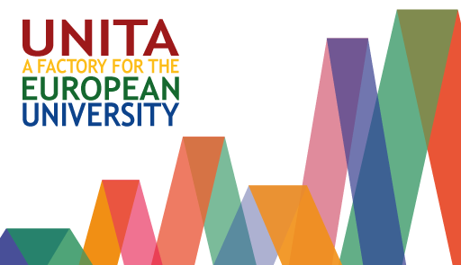 Grafica su sfondo bianco e inserti colorari con scritta Unita for the European University