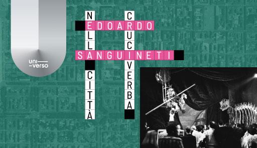 Grafica di un cruciverba e fotografia in bianco e nero su sfondo verde