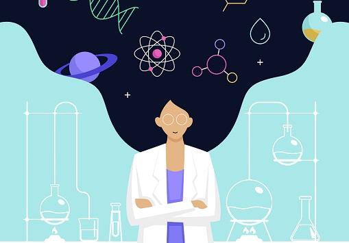 Grafica di una donna con capelli e simboli scientifici che volano