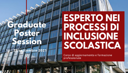 Esperto nei processi di inclusione scolastica: mostra dei poster prodotti a conclusione del corso foto della facciata di palazzo nuovo e titolo del corso