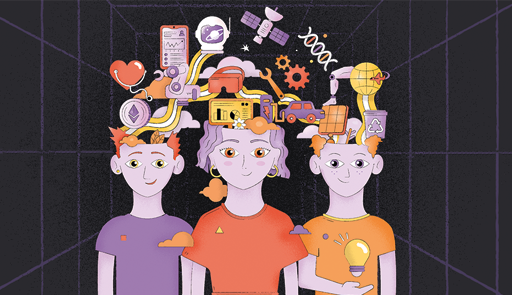 Startcup 2022 Illustrazione raffigurante tre ragazzini con idee che sbucano dalla testa