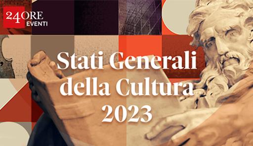 Stati Generali della Cultura. Valicare i confini per un nuovo sistema –paese Sezione di una statua di un uomo con in mano un libro, sfondo colorato e titolo dell'evento