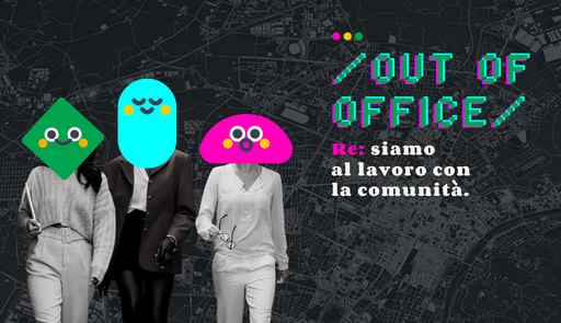 tre figure umane con il volto coperto da un fumetto colorato, titolo dell'evento