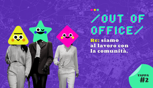 titolo dell'evento su fondo colorato e tra persone fotografate con volti coperti da smile